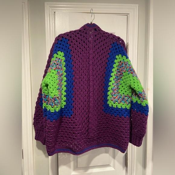 Handmade Crochet Granny Square One Size Cozy Cardigan Boho Chunky Knit Sweater - Picture 7 of 10